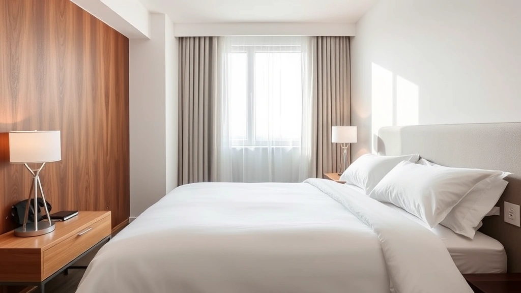 Modern hotel bedroom with clean white linens, comfortable bed, neutral wall colors, contemporary lamp on nightstand, professional yet comfortable aesthetic, natural daylight from window, minimal clutter, inviting sleep environment