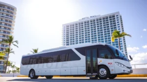 Modern hotel shuttle bus parked in front of contemporary Miami beachfront hotel, bright morning sunlight, clear sky, professional shuttle vehicle with tinted windows, palm trees visible in background, no text or signage visible on vehicle