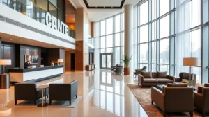 Modern hotel lobby featuring contemporary design with polished floors, comfortable seating arrangements, professional reception desk with staff, floor-to-ceiling windows, and neutral color palette