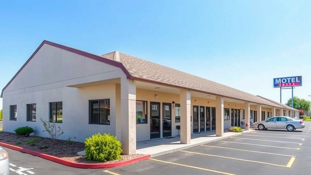 Motel exterior showing single-story building with direct parking access, exterior corridor with numbered doors, landscaping, and convenient vehicle parking spaces