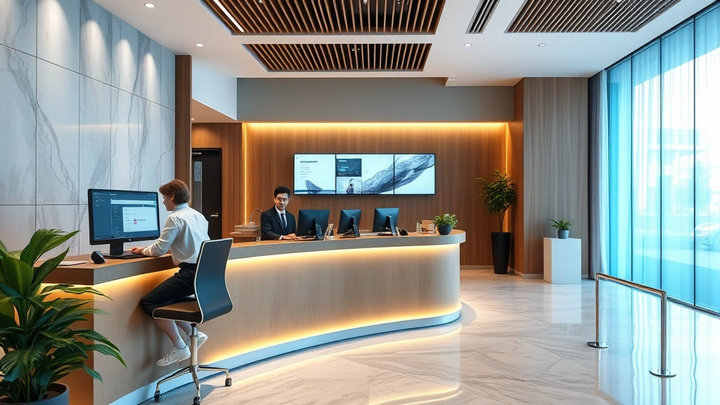 Modern hotel front desk with staff using computer systems managing reservations, bright professional environment with contemporary reception area