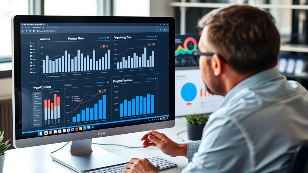 Property manager reviewing digital reports on desktop computer screen showing occupancy rates and financial dashboards in an office setting