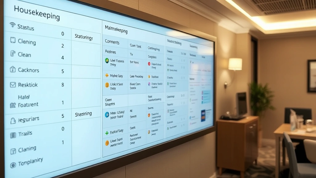 Housekeeping coordination board or system showing room status, cleaning assignments, and maintenance tasks in a hotel management office