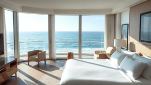Luxury oceanfront hotel room with floor-to-ceiling windows overlooking Atlantic Ocean, modern king bed with white linens, contemporary furnishings, natural daylight streaming in, no text or signage visible
