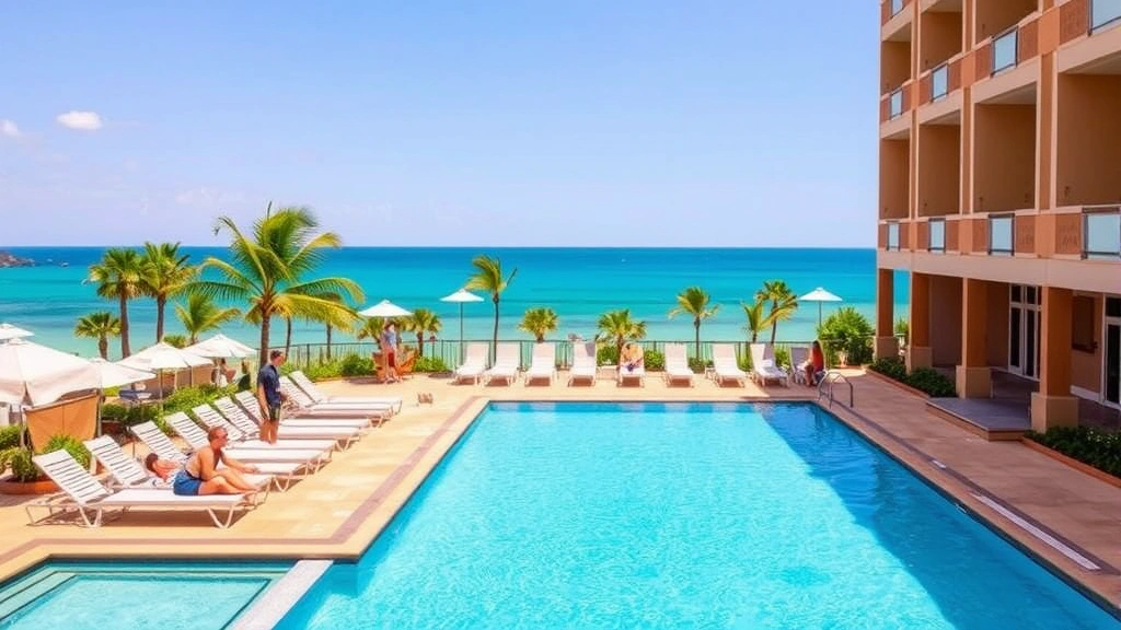 Resort outdoor pool area with lounge chairs, ocean view in background, palm trees, clear blue water, guests relaxing, sunny day, no identifying markers or text