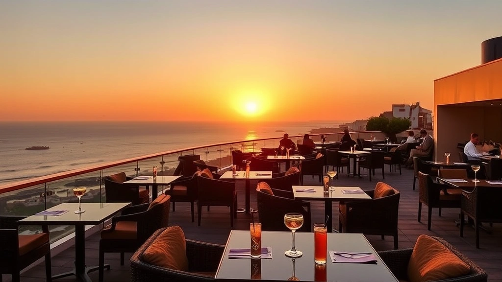 Upscale hotel rooftop bar with ocean vista at sunset, elegant seating arrangements, cocktails on tables, coastal landscape, warm golden light, no visible signage or text