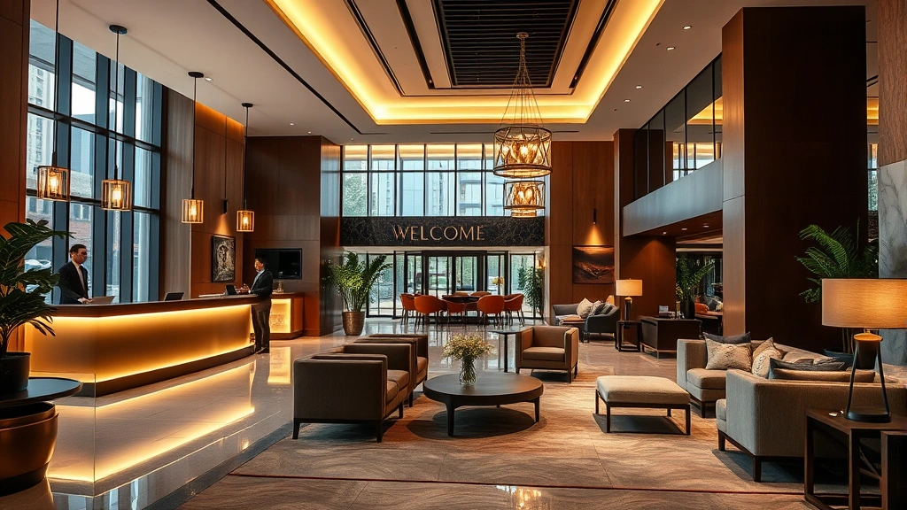 Modern luxury hotel lobby with welcoming reception desk, warm lighting, comfortable seating areas, professional staff assisting guests, contemporary decor with natural elements