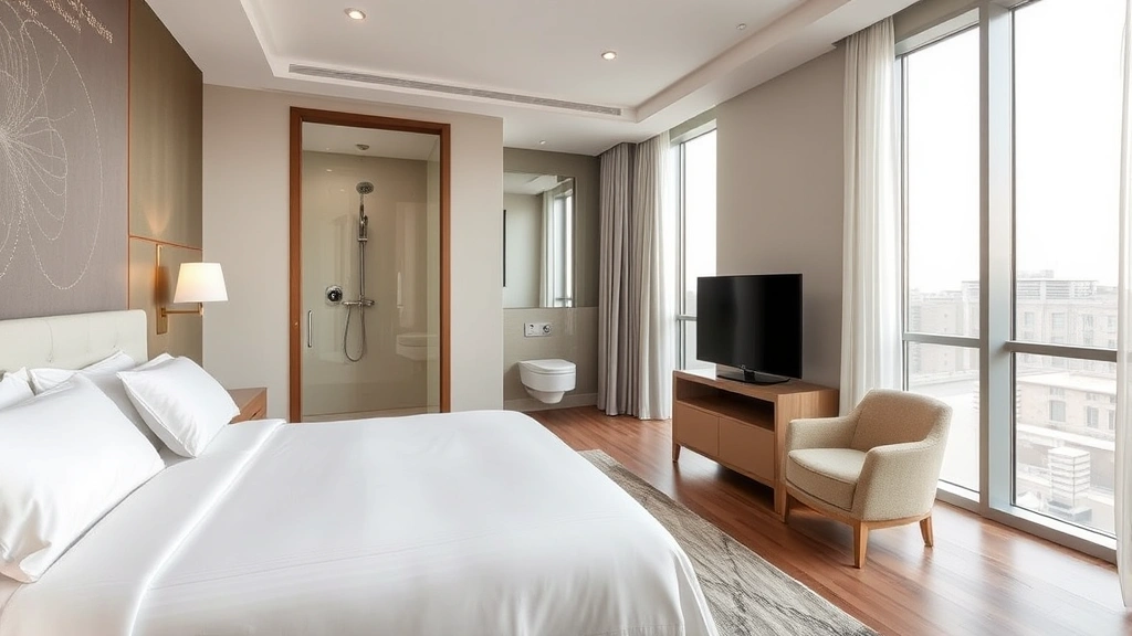 Spacious hotel bedroom featuring premium bedding, rainfall showerhead visible through open bathroom door, floor-to-ceiling windows with natural light, minimalist elegant furnishings, neutral color palette
