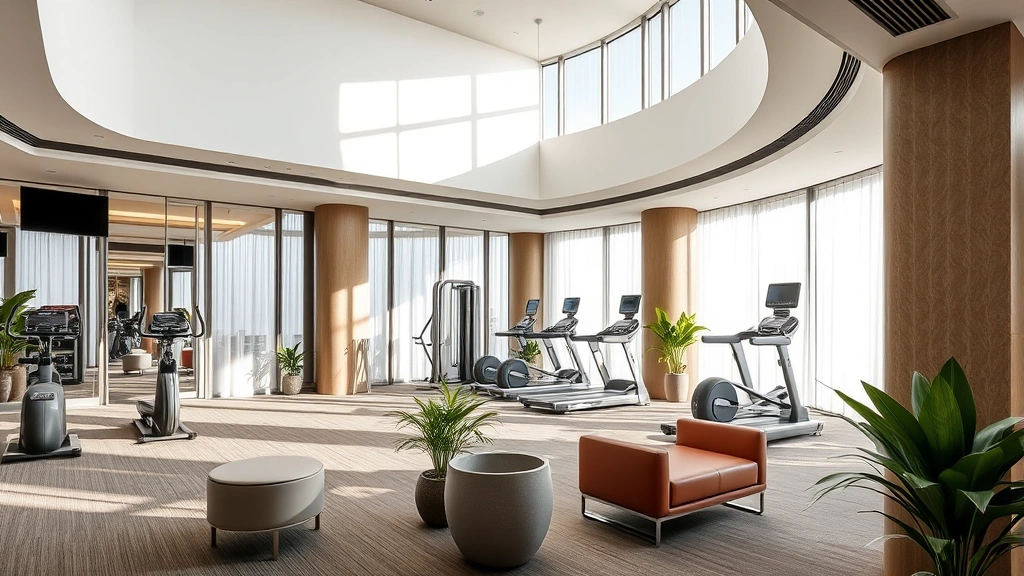 Hotel fitness center and wellness area with modern equipment, bright natural lighting, comfortable lounge seating, spa-like atmosphere with plants, contemporary design elements
