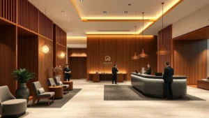 Modern luxury hotel lobby with contemporary Japanese design elements, featuring wooden accents and minimalist aesthetics, guests checking in at front desk, warm ambient lighting, no text or signage visible