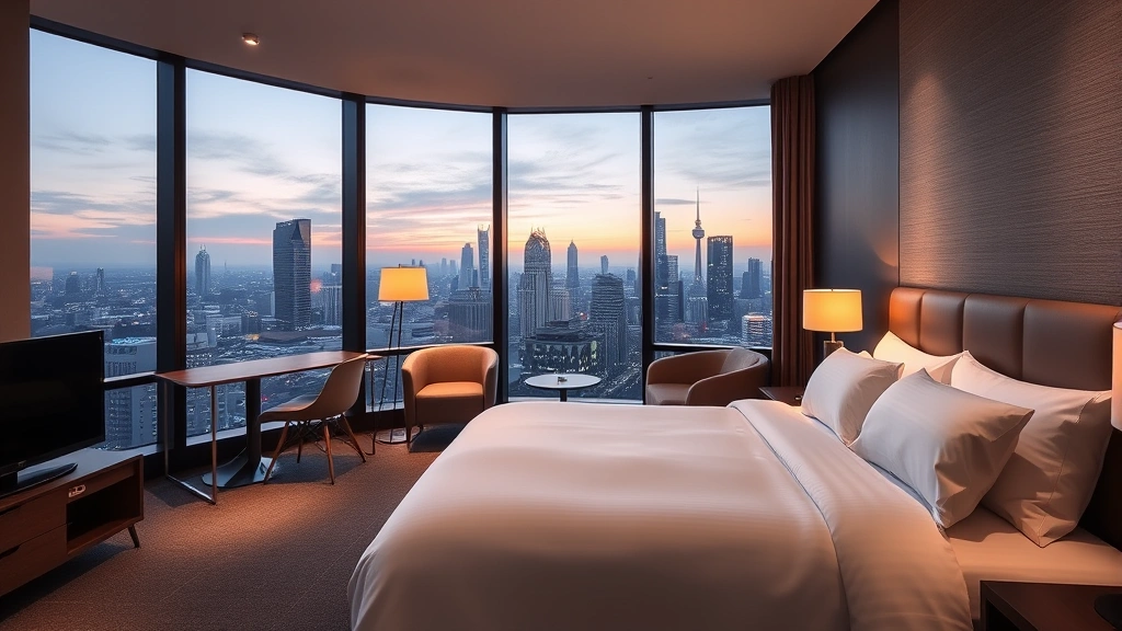 Spacious hotel room with premium bedding overlooking city skyline, modern furniture, floor-to-ceiling windows showing Nagoya skyline at dusk, clean contemporary design, no room numbers or identifying text