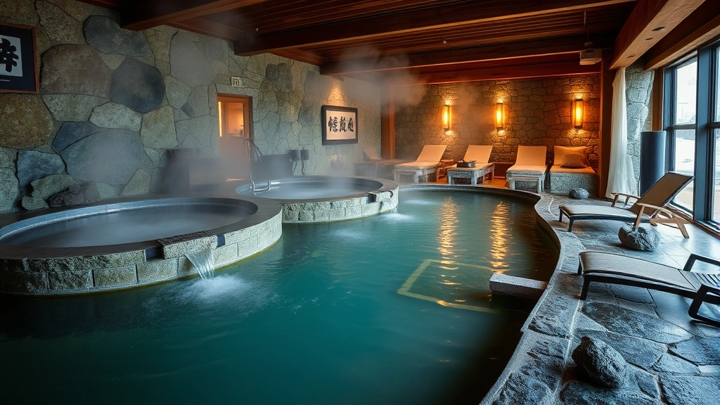 Hotel spa and wellness area with traditional onsen bathing facilities, natural stone surroundings, steam rising from water, peaceful ambiance, lounge chairs nearby, no signage or identifying markers
