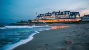 Oceanfront beachfront hotel exterior with sandy beach in foreground, waves crashing, blue sky, sunset lighting, New England coastal architecture
