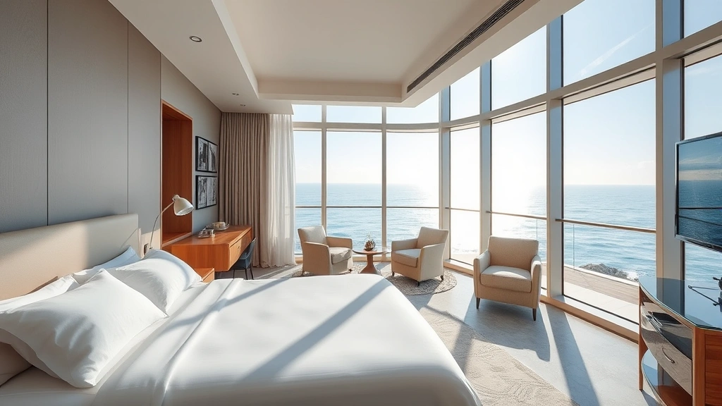 Modern hotel room with ocean view through large windows, comfortable bed with white linens, contemporary furniture, bright natural daylight streaming in