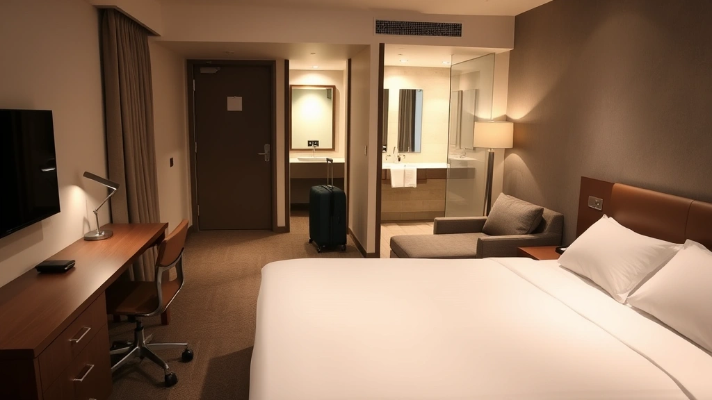 Modern hotel room interior with neatly made bed, work desk, comfortable furniture, clean bathroom visible through open door, warm neutral lighting, contemporary design elements, guest suitcase on luggage rack