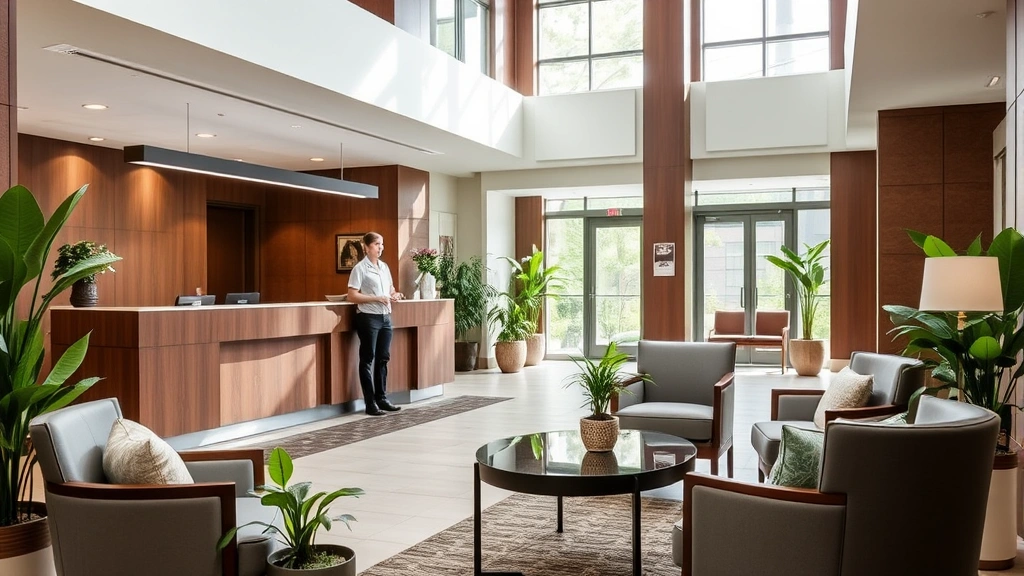 Hotel lobby and front desk area with professional staff member assisting guest, comfortable seating areas with cushioned chairs, plants and modern decor, bright natural lighting from windows, welcoming atmosphere
