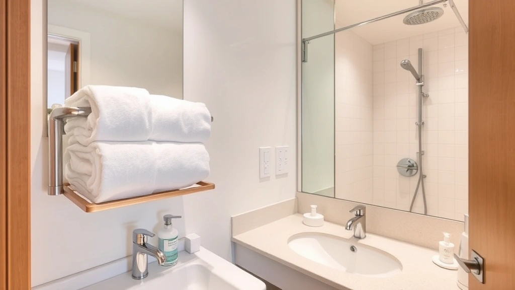 Clean hotel bathroom with modern fixtures, white towels on rack, vanity counter with amenities, mirror lighting, tiled shower area, fresh and hygienic appearance, contemporary design