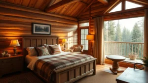 Cozy rustic hotel room with warm lighting, wooden furniture, comfortable bed with quality linens, and large window overlooking forested landscape, photorealistic interior design