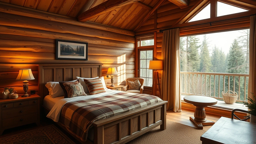 Cozy rustic hotel room with warm lighting, wooden furniture, comfortable bed with quality linens, and large window overlooking forested landscape, photorealistic interior design
