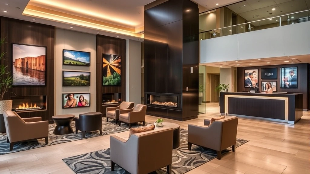 Modern hotel lobby with comfortable seating areas, fireplace, local artwork displays, reception desk, warm ambient lighting, and welcoming atmosphere for guests