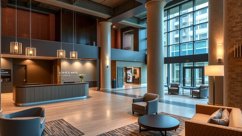 Modern hotel lobby with contemporary check-in desk, elegant lighting, and comfortable seating areas in what appears to be a converted downtown building with preserved architectural details like exposed brick or historic columns