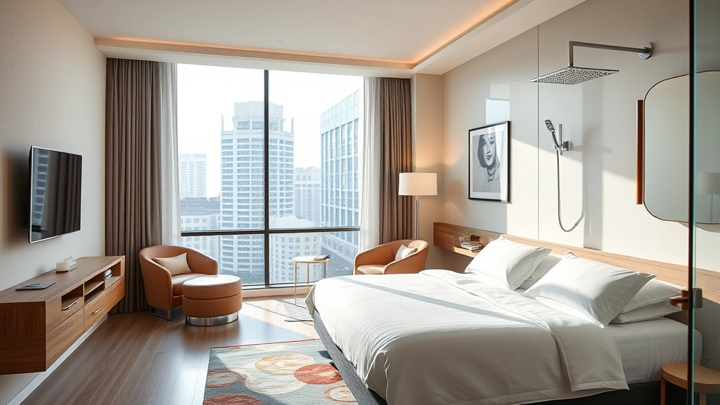 Interior view of a converted hotel guest room showing contemporary furnishings, modern bathroom with rainfall showerhead, large windows with city views, and clean minimalist design aesthetic