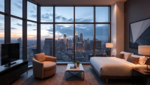 Modern luxury hotel room overlooking Boston cityscape with floor-to-ceiling windows, contemporary furniture, and city lights at dusk, photorealistic interior design