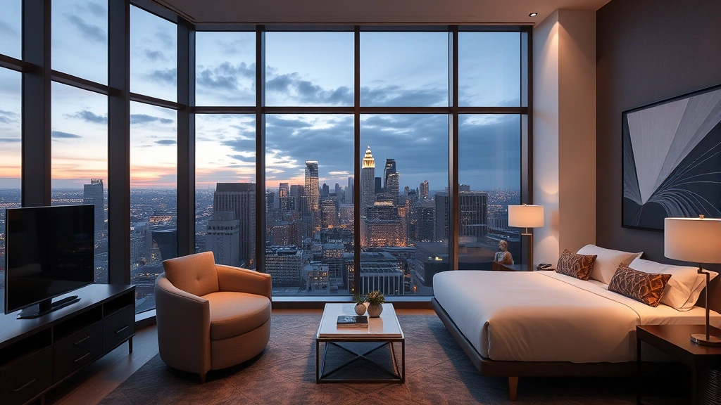 Modern luxury hotel room overlooking Boston cityscape with floor-to-ceiling windows, contemporary furniture, and city lights at dusk, photorealistic interior design