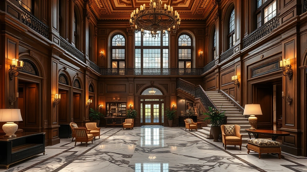Historic Boston hotel lobby with elegant architectural details, marble floors, grand staircase, and sophisticated furnishings, photorealistic hospitality ambiance