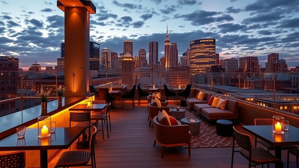 Upscale hotel rooftop bar or lounge with city views, contemporary seating, ambient lighting, and urban Boston skyline backdrop at evening, photorealistic venue photography
