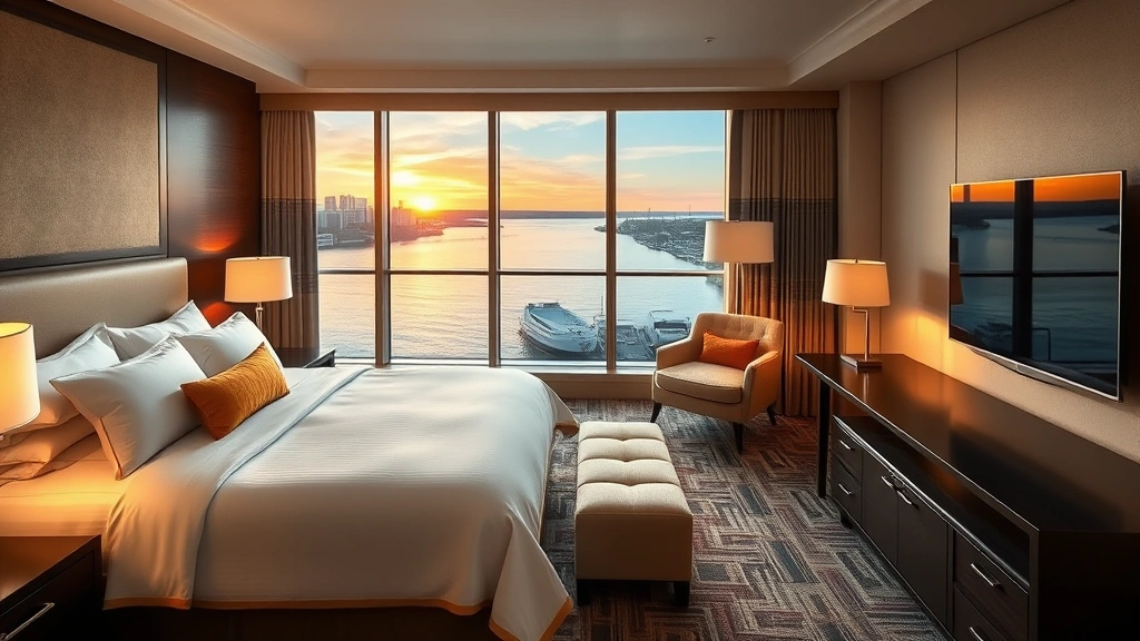 Elegant waterfront hotel room with river views, featuring luxurious bedding, modern furnishings, and floor-to-ceiling windows overlooking the Niagara River at sunset, professional photography of upscale hospitality interior design