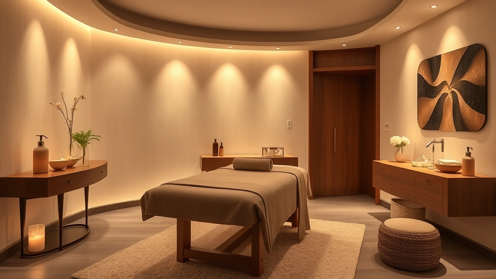 Peaceful spa treatment room with soft lighting, massage table, towels, and wellness amenities in a luxury hotel setting, serene atmosphere capturing relaxation and comfort