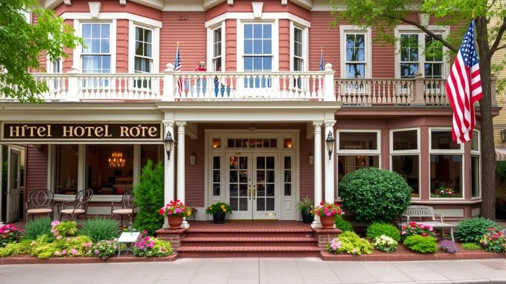 Charming historic hotel facade with Victorian architecture, elegant entrance, landscaped gardens with flowers, and welcoming ambiance of a boutique property in a small town setting