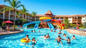 Colorful family-friendly resort pool area with water slide features, tropical landscaping, and families enjoying water activities in bright daylight, residential resort aesthetic