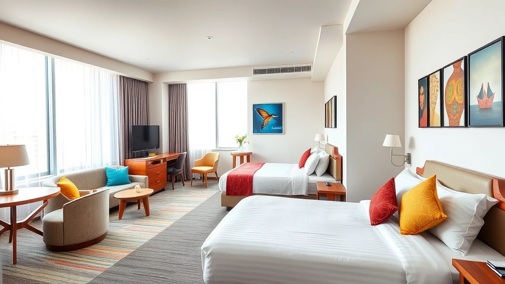 Modern hotel room interior with comfortable beds, vibrant themed décor elements, spacious layout, bright windows with natural lighting, family-oriented bedroom design