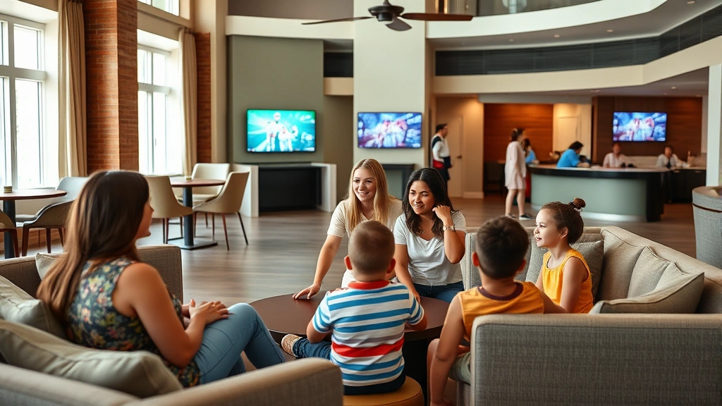 Multi-generational family group in resort common area with interactive entertainment displays, comfortable seating, bright modern interior, relaxed vacation atmosphere