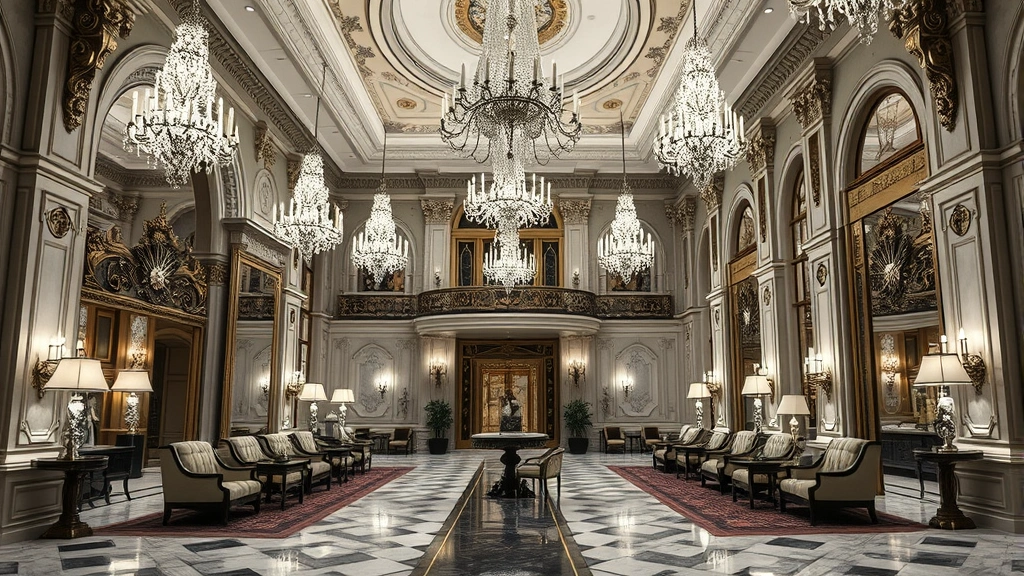 Detailed interior of an ornate hotel lobby with pristine marble floors, crystal chandeliers, plush furniture, and intricate architectural details reflecting supernatural elegance and demonic aesthetic