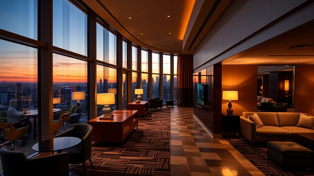 Modern hotel corridor with floor-to-ceiling windows overlooking a cityscape at dusk, featuring contemporary furnishings, ambient lighting, and architectural details suggesting upscale hospitality environment