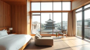 Modern minimalist hotel room interior with natural wood elements, large windows overlooking Kyoto temple district, contemporary Japanese design aesthetic, clean lines, neutral tones, comfortable seating area