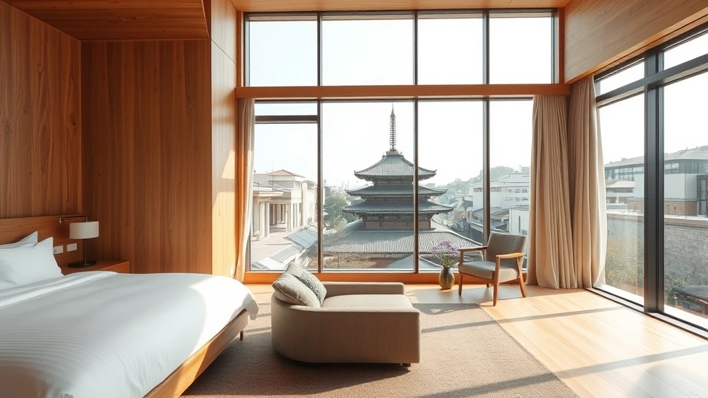 Modern minimalist hotel room interior with natural wood elements, large windows overlooking Kyoto temple district, contemporary Japanese design aesthetic, clean lines, neutral tones, comfortable seating area