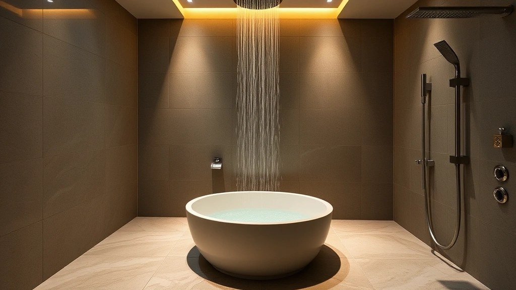 Contemporary spa bathroom with Japanese soaking tub, rainfall showerhead, natural stone surfaces, warm lighting, modern fixtures, peaceful minimalist design, luxurious yet understated