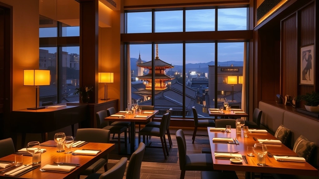 Hotel restaurant dining area with intimate seating, warm ambient lighting, wooden tables, floor-to-ceiling windows showing Kyoto rooftops and temple silhouettes, contemporary Japanese interior design