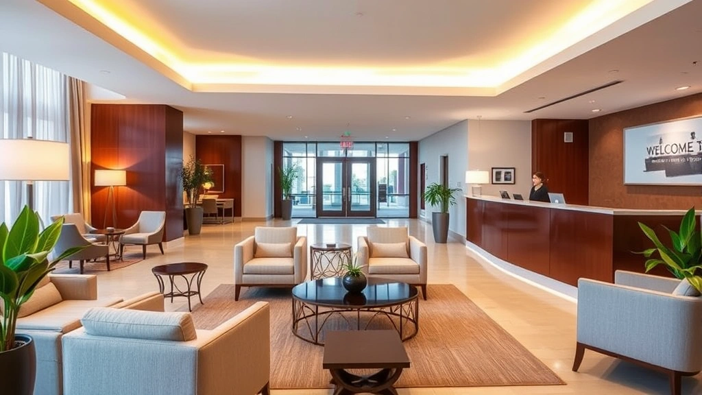 Modern hotel lobby with comfortable seating area, warm lighting, and welcoming reception desk with professional staff member. Neutral color palette with contemporary furniture and potted plants creating an inviting atmosphere for arriving guests