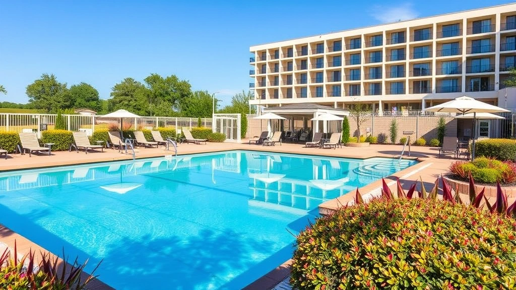 Outdoor swimming pool area at hotel with clear blue water, surrounding deck with lounge chairs and umbrellas, landscaping with shrubs and trees, and hotel building visible in background under clear sky