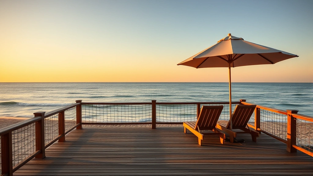 Oceanfront wooden deck overlooking calm Atlantic Ocean with beach chairs and umbrella, golden hour lighting, peaceful coastal atmosphere, no people visible