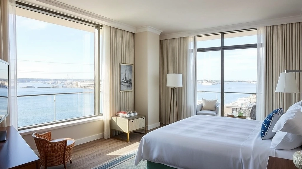 Modern hotel room interior with waterfront view through large windows, comfortable bed with white linens, coastal décor with nautical accents, natural daylight