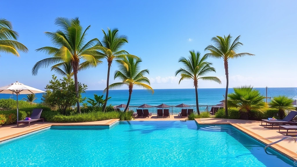 Beachfront pool area surrounded by palm trees and coastal landscaping, clear blue water, lounge chairs with towels, ocean visible in background, sunny weather