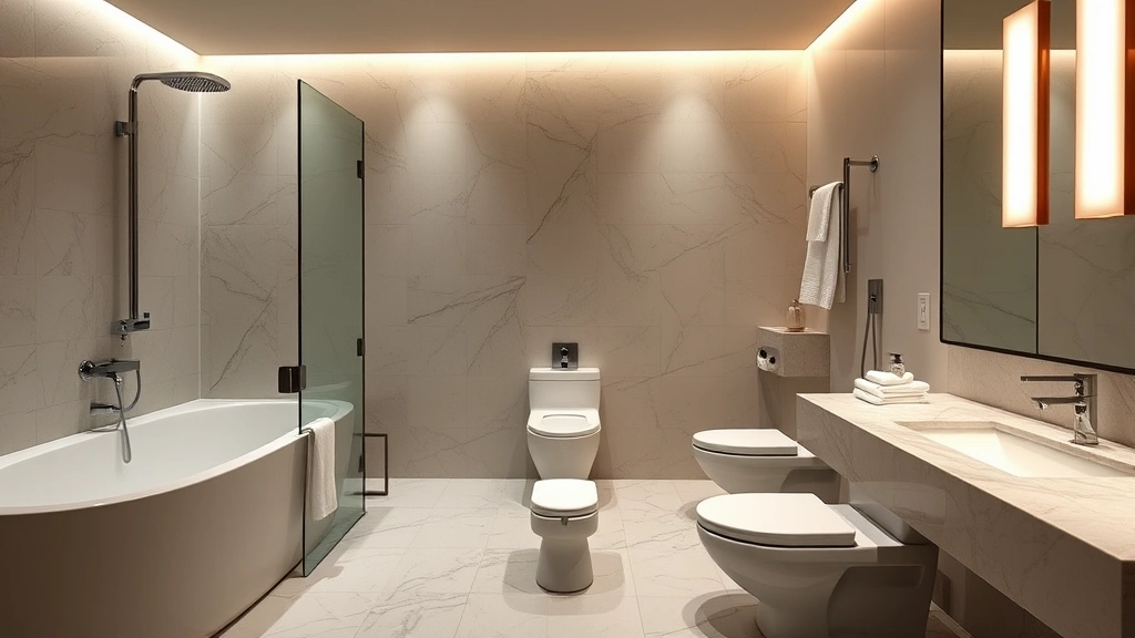 Spacious luxury bathroom featuring deep soaking tub, rainfall showerhead, heated toilet seat, marble countertops, soft ambient lighting, fluffy white towels, spa-like atmosphere, traditional Japanese bathing aesthetic