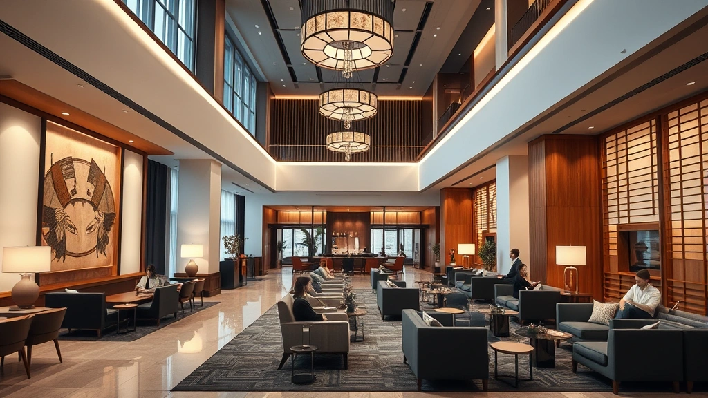 Elegant hotel lobby lounge with contemporary Japanese design, comfortable seating areas, ambient lighting, wooden accents, clean architectural lines, guests relaxing and working, professional hospitality environment, no visible text