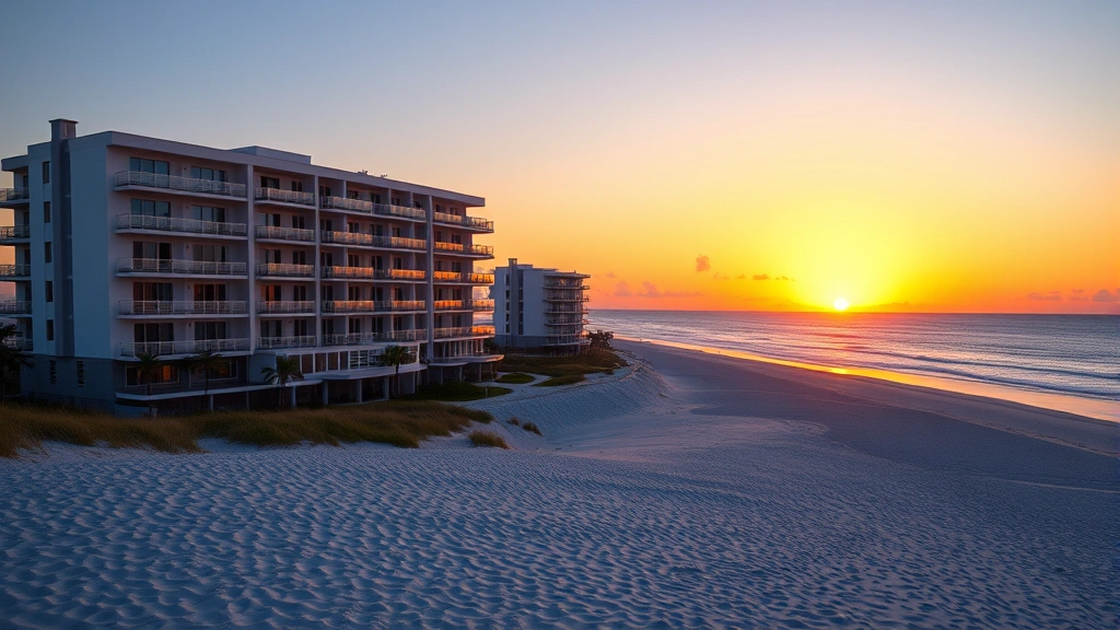 Upscale beachfront hotel exterior at sunset with oceanfront balconies, pristine sandy beach in foreground, Atlantic Ocean horizon, modern architecture, no signage or building numbers visible